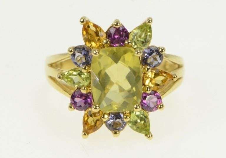 10K Yellow Gold Peridot Citrine Pink Topaz Tourmaline Cocktail Ring