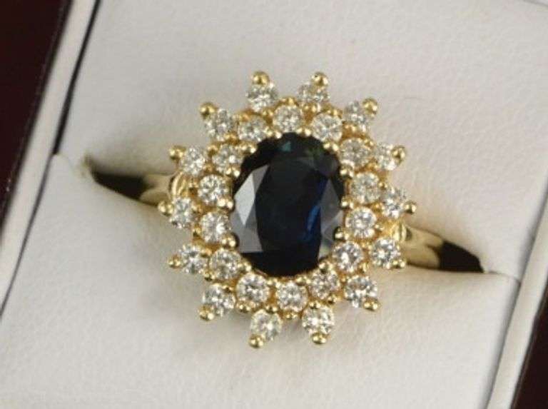 14K Yellow Gold 2.80 Ctw Sapphire Diamond Halo Engagement Ring