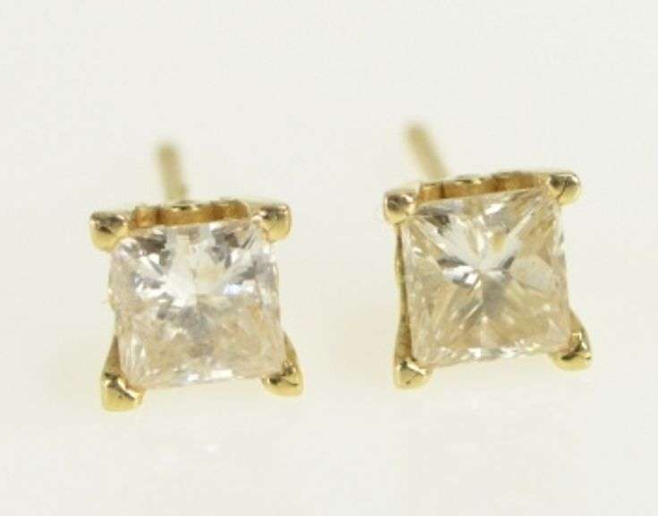 14K Yellow Gold 1.00 Ctw Princess Diamond Solitaire Stud Earrings