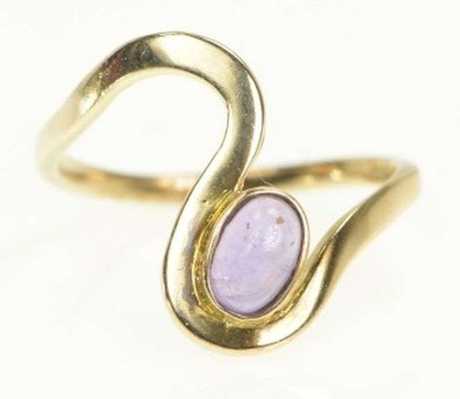 14K Yellow Gold Amethyst Cabochon Ornate Curvy Bypass Ring