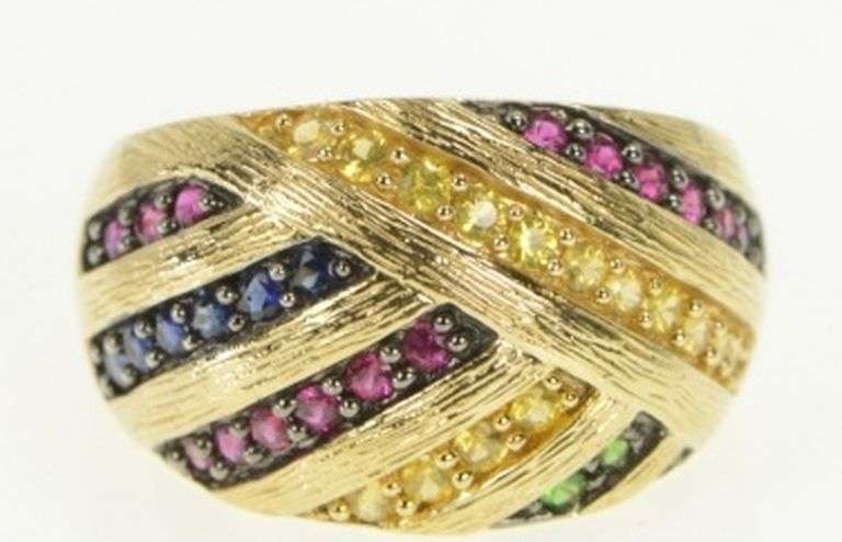 14K Yellow Gold Domed Yellow Pink Blue Sapphire Statement Ring