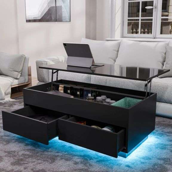 Convertible Lifting Coffee Table with LED Lights High Gloss Surface