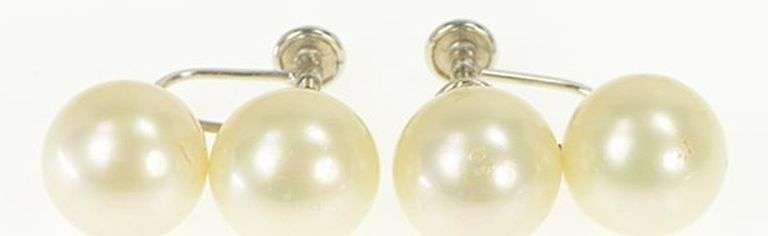 10K White Gold 1950's Two Pearl Ornate Screw Back Earrings