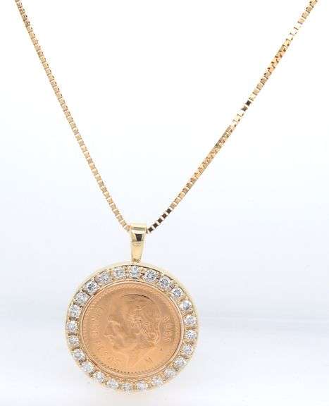 14kt Yellow gold Mexico gold 5 coin Peso with diamond bezel pendant on Italian box chain necklace