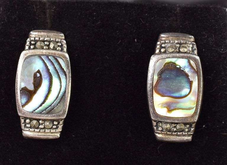Beautiful 925 Abalone and Marcasite Gemstone Stud Earrings