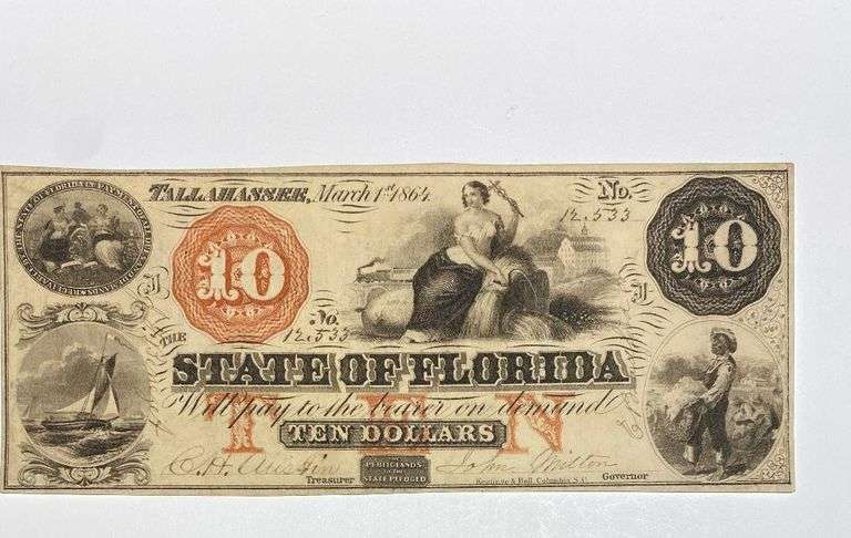March 1 1864 $10 State of Florida Tallahassee Note