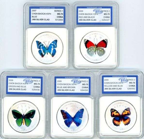 5 Different 2007 & 2009 Chen Baocai Butterfly Silver Clad Medals in IGS MS70