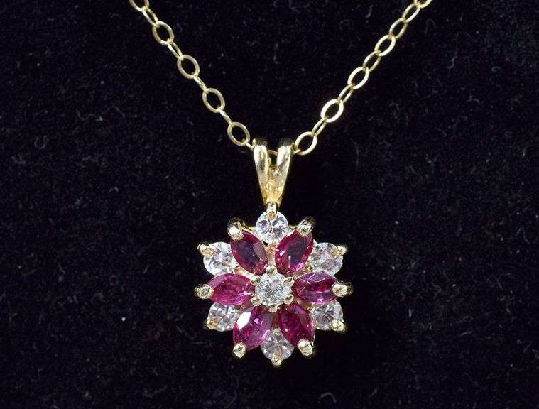 Adorable 14K Yellow Gold Flower Pendant Necklace with Ruby and Diamond Gemstones
