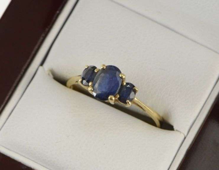 14K Yellow Gold Three Stone Natural Sapphire Engagement Ring