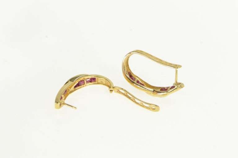 10K Yellow Gold 2.20 Ctw Natural Ruby Diamond Oval Hoop Earrings