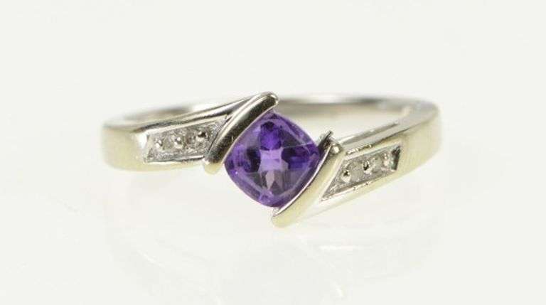 10K White Gold Cushion Faceted Amethyst Diamond Bypass Ring