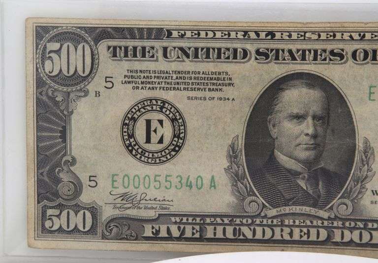 Original Five Hundred Dollar 1934 series Bill with President McKinley