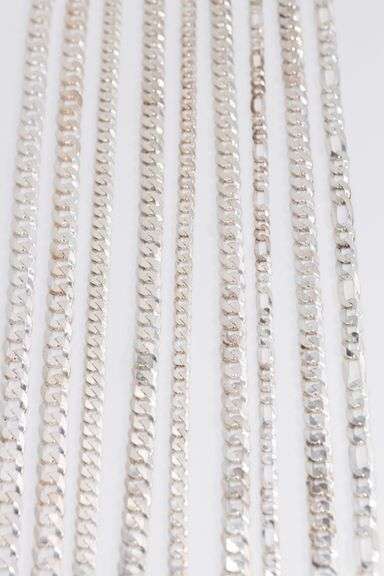 Sterling Silver - Italy Stamped - Super Flats - Curb / Figaro Mixed Lot - 9 Chains - 7.8mm to 13mm W