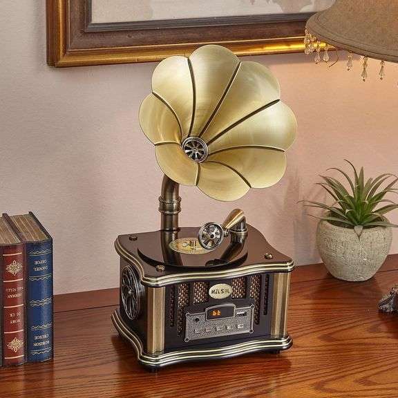 Old Oak Gramophone Phonograph Record Player