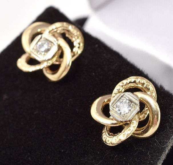 Perfect 14K Yellow Gold Diamond Knot Stud Earrings