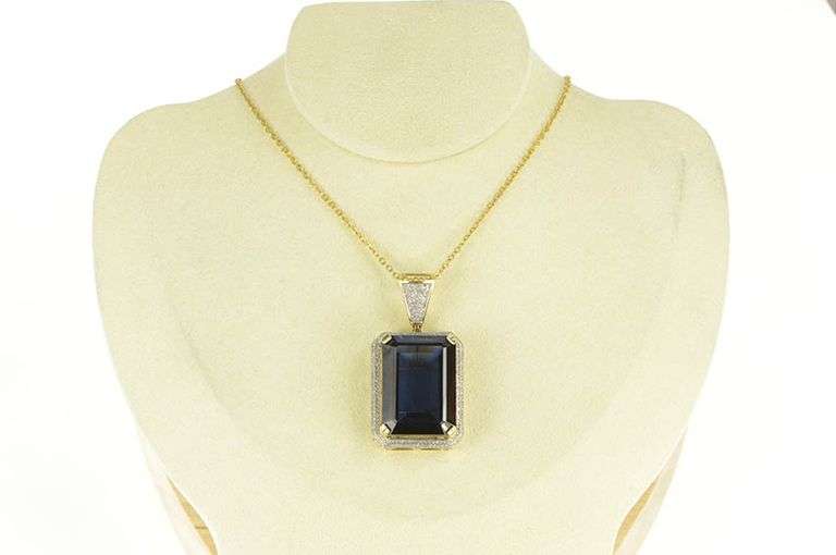 10K Yellow Gold Emerald Sim. Sapphire Diamond Encrusted Pendant