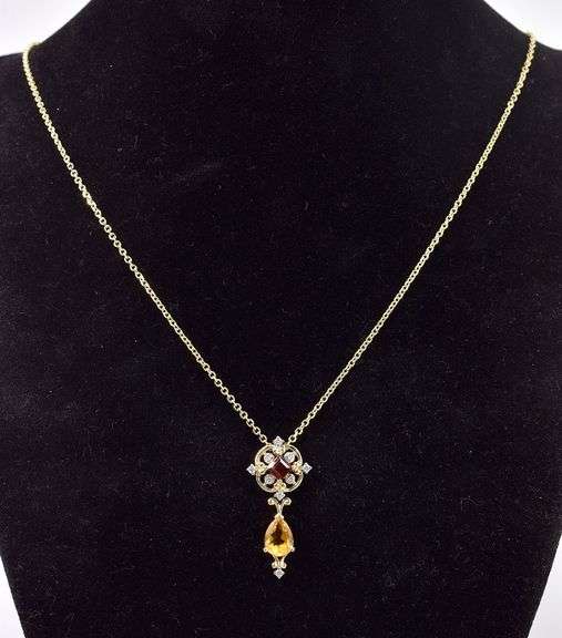 Stunningly Beautiful 14K Yellow Gold Necklace and Earrings Jewelry Set with Red garnet, Citrine, and