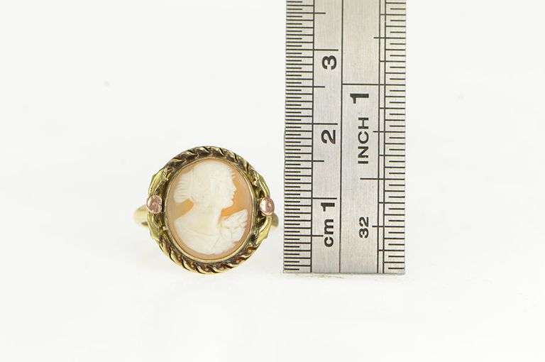 10K Yellow Gold Ornate Carved Shell Lady Cameo Statement Ring