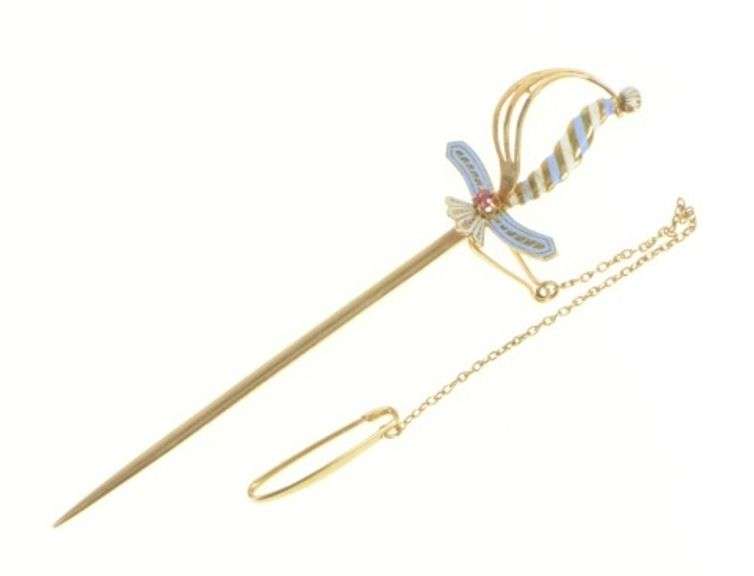 14K Yellow Gold Victorian Enamel Sword Rapier Chain Pin/Brooch