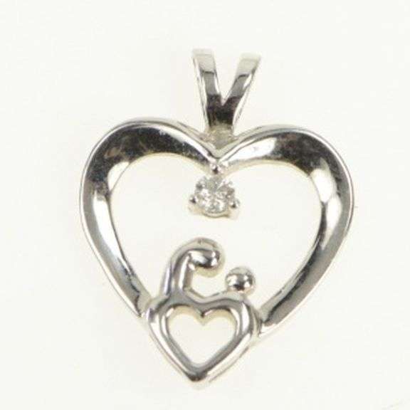 14K White Gold Diamond Heart Mom & Child Mother's Day Pendant
