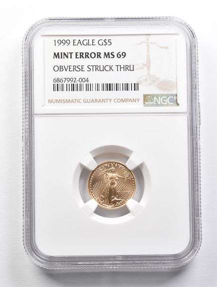 MS69 1999 $5 American Gold Eagle Mint Error Obv Struck Thru 1/10oz NGC
