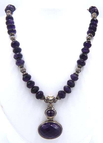 Amethyst and silver Beads necklace with Vintage 925 sterling silver signed amethyst pendant