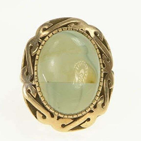 14K Yellow Gold 1940's Green Jasper Cabochon Cocktail Ring