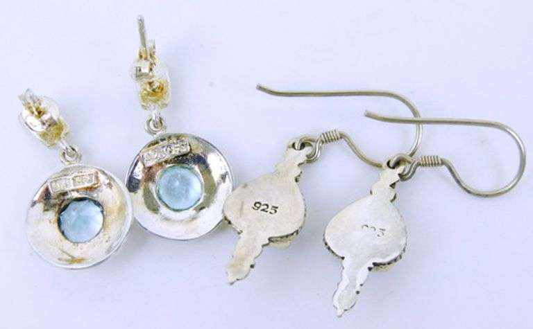 2 Pairs Sterling Silver Blue Topaz Pierced Earrings