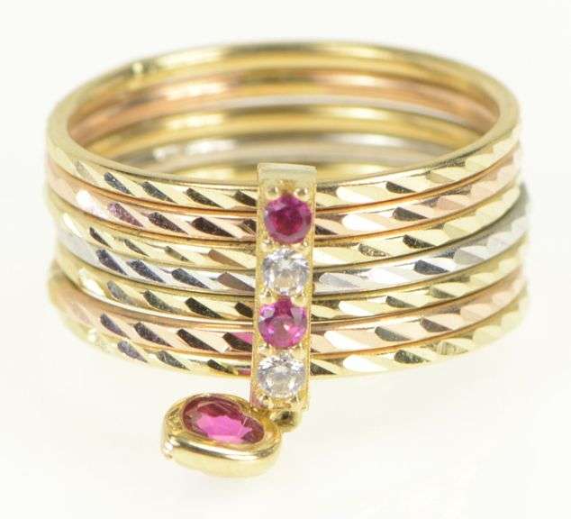 14K Yellow Gold Tri Tone CZ Syn. Ruby Layered Stacking Ring