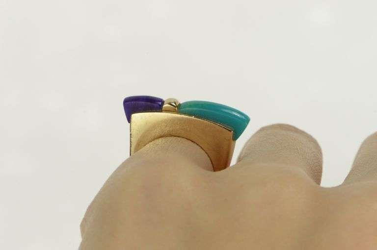 14K Yellow Gold Turquoise Sugilite Squared Unique Modernist Ring