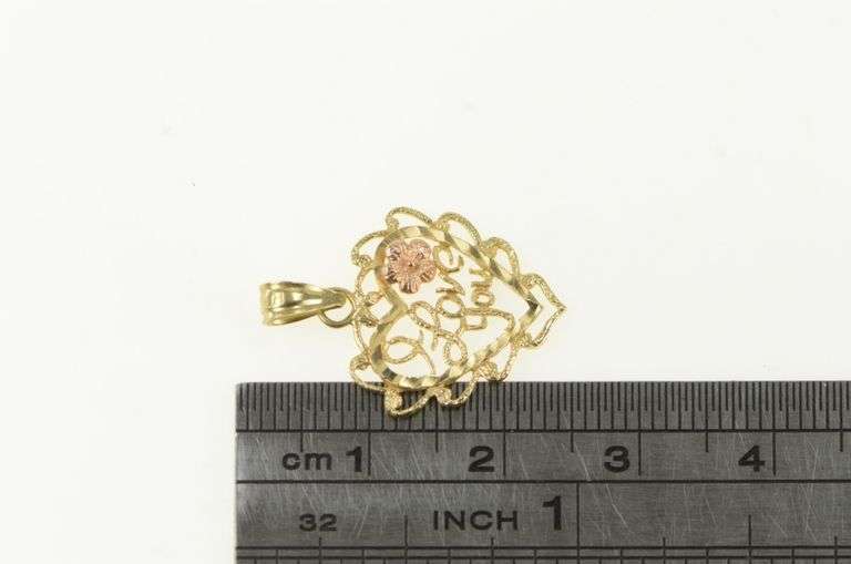 14K Yellow Gold I Love You Heart Filigree Rose Romantic Pendant