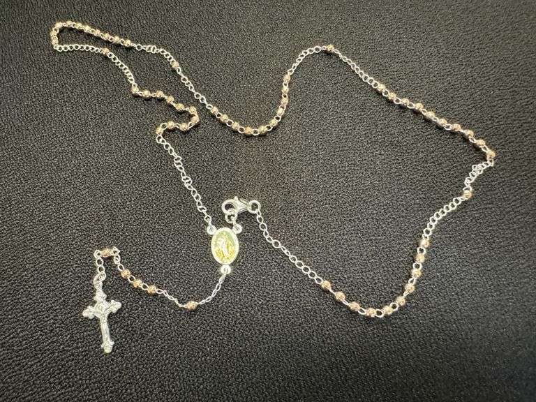 Sterling Silver Bead Chain Gold & Rose Gold Plating Crucifix Rosary Necklace Catholic Jewelry
