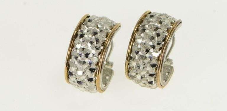 Sterling Silver Two Tone 14k Gold Diamond Cut Lattice Hoop Earrings