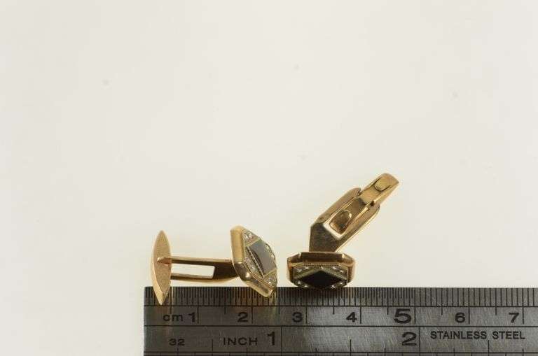 14K Yellow Gold Art Deco Black Onyx Diamond Vintage Cuff Links