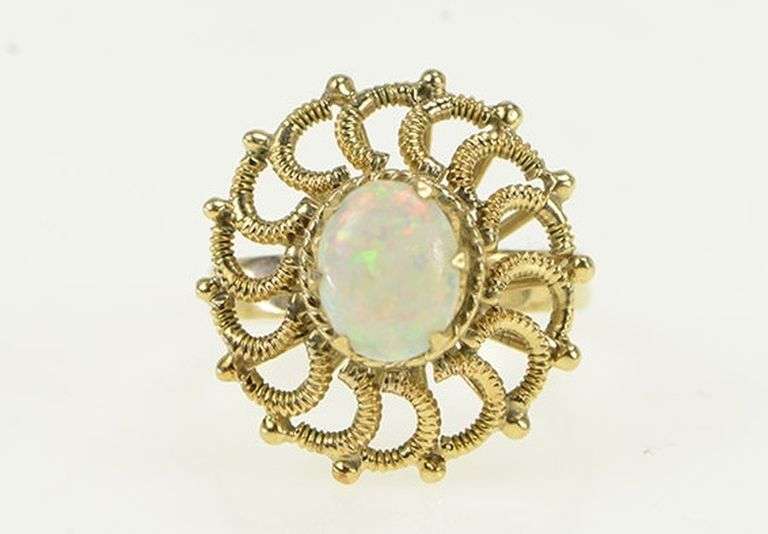 10K Yellow Gold 1950's Natural Opal Swirl Spiral Cocktail Ring
