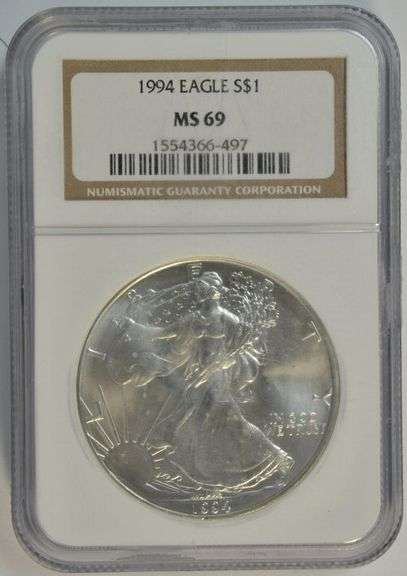 Nearly Flawless key date 1994 $1 American Silver Eagle. NGC MS69