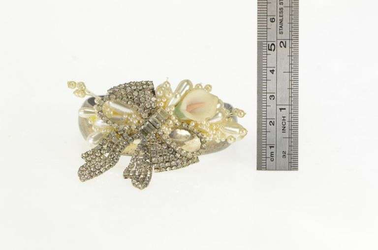 Sterling Silver 1950's Pearl Rhinestone Floral Bow Cuff Bracelet