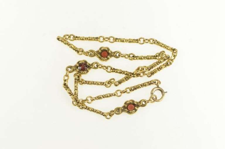 14K Yellow Gold Victorian Ornate Garnet Elaborate Chain Necklace
