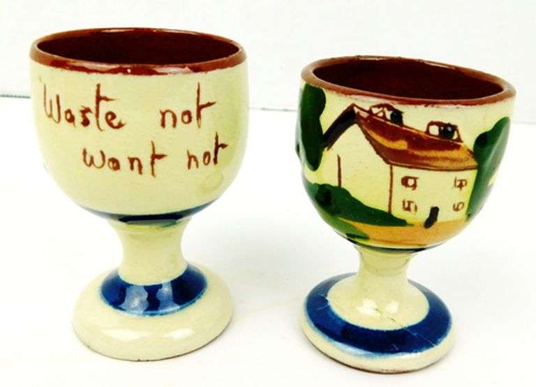 Pair English Motto Ware Egg Cups