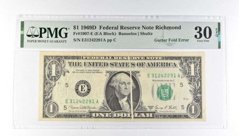 PMG 30 VF EPQ $1 1969D FRN Richmond Fr#1907-E Gutter Fold Error