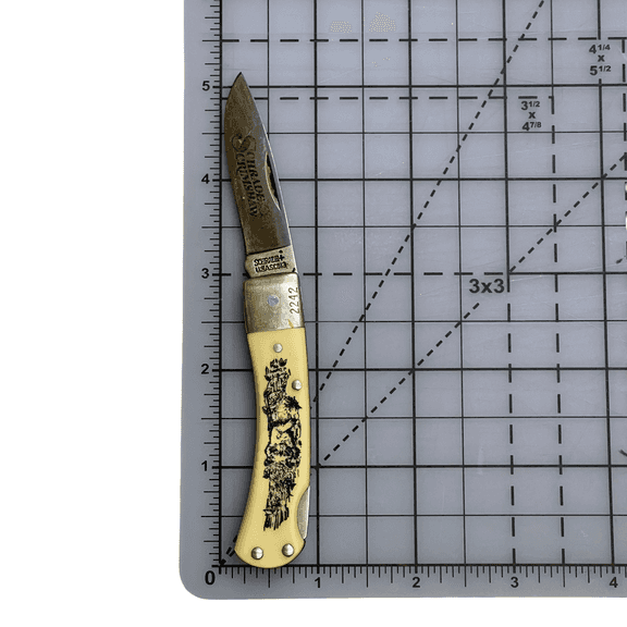 1995 Schrade Scrimshaw LE Lockable Folding Pocket Knife Depicting a Raccoon