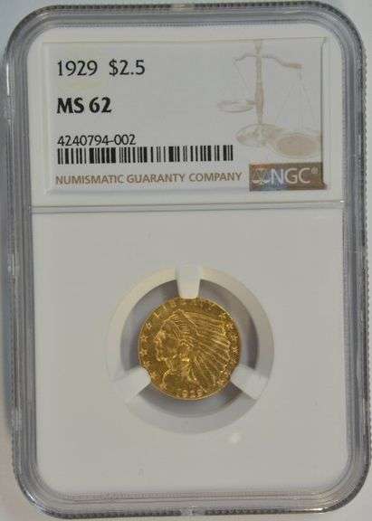 Exceptionally Choice BU 1929 US $2.50 Indian Gold Piece. NGC MS62