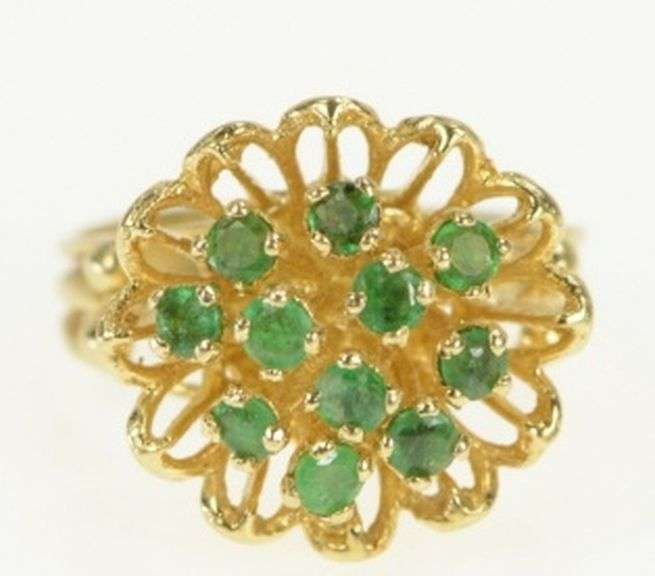 14K Yellow Gold 1960's Emerald Floral Domed Cluster Cocktail Ring