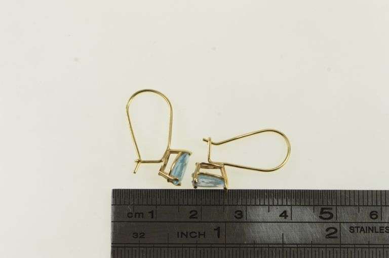 14K Yellow Gold Pear Blue Topaz Solitaire Dangle Hook Earrings