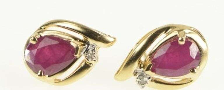 14K Yellow Gold Pear Ruby Diamond Accent Classic Vintage Earrings