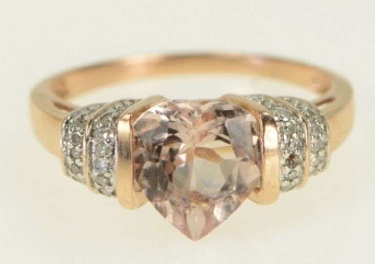 10K Rose Gold Heart Morganite Diamond Ornate Vintage Ring