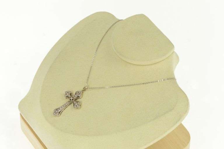 14K White Gold Diamond Elaborate Cross Christian Pendant