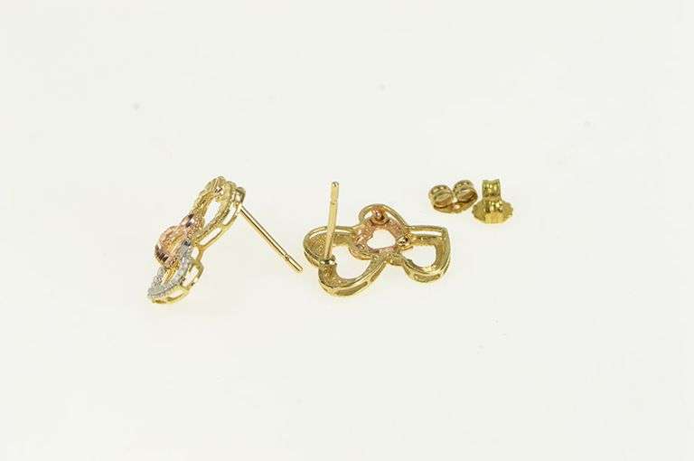 10K Yellow Gold Tri Tone Diamond Cut Heart Love Symbol Stud Earrings