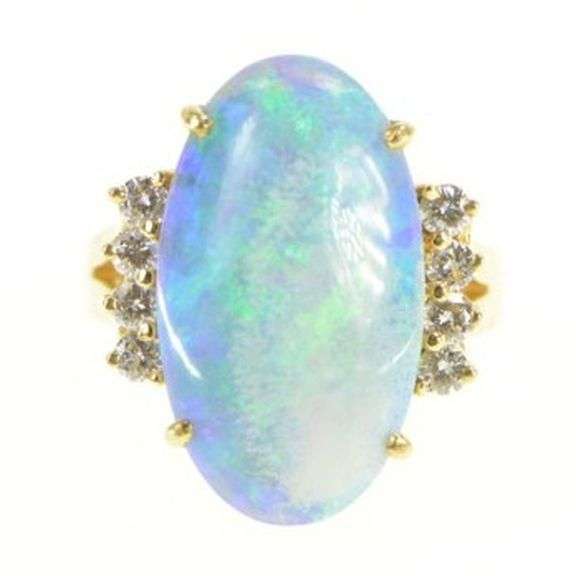 14K Yellow Gold Large Natural Opal Diamond Accent Cocktail Ring