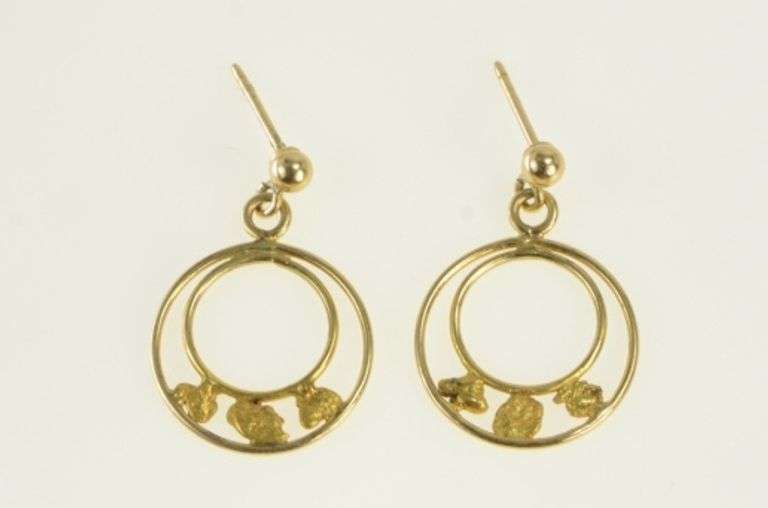 14K Yellow Gold Textured Nugget Circle Round Dangle Earrings